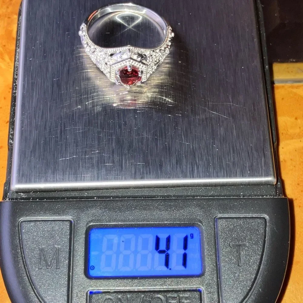 Natural Red Garnet Sterling Silver Art Deco Ring Size 9